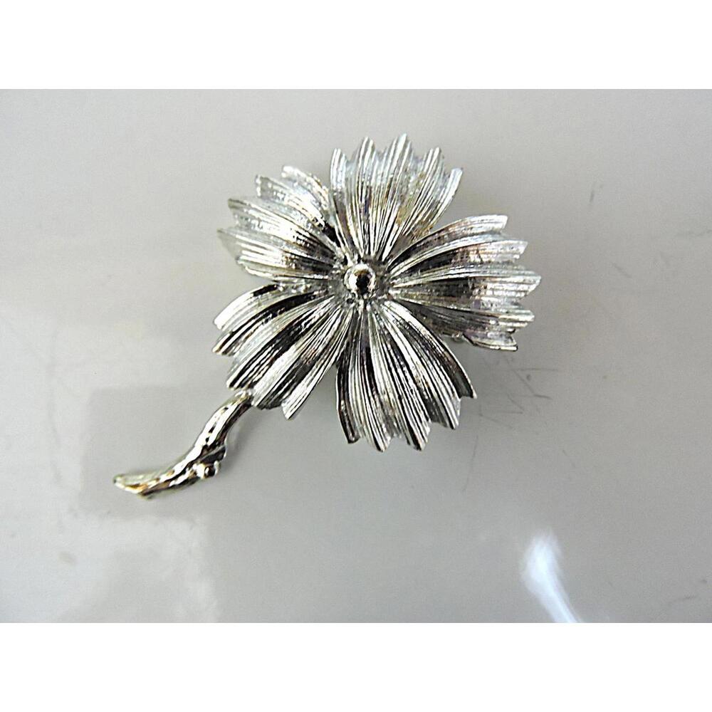 CVB (1934) Vintage Silver Tone Textured Stemmed Flower Brooch